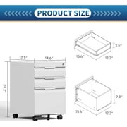 Locking File Cabinet 3 Drawers On Wheels Under Desk, Metal Filing Cabinets For Home Office, A4, Letter-Size Files, Hanging File Folders- Assembly Required(White)