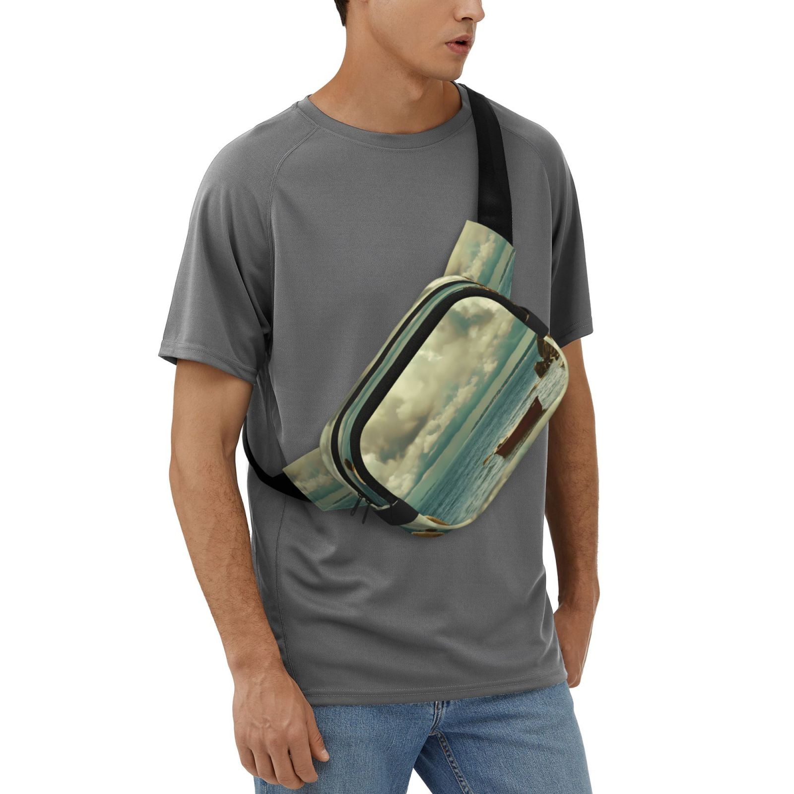 Picia Serene Coastal Blue Sky Print Square Double-Layer Waist Bag Mini Adjustable Waist Belt Bag Exercise Running Travel Hiking