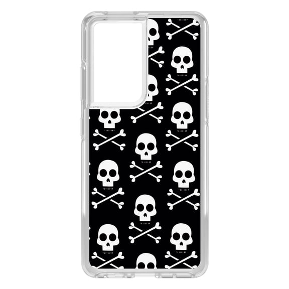 DistinctInk Clear Shockproof Hybrid Case for Galaxy S21 ULTRA 5G (6.8" Screen) - TPU Bumper, Acrylic Back, Tempered Glass Screen Protector - Black White Skulls Pattern