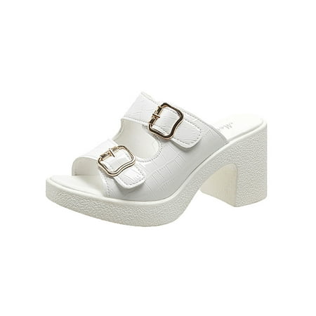 

Lacyhop Womens Heeled Sandal Buckle Strap Slide Sandals Slip On Chunky Heels Party Lightweight Slides Shoes Backless Summer Beach Slippers White 6.5