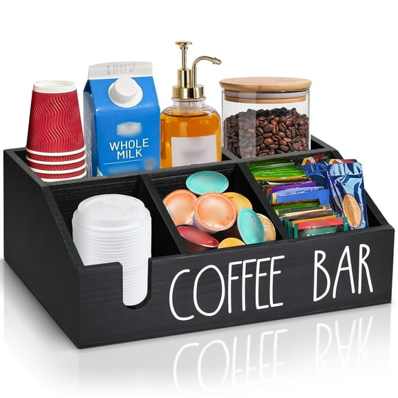 Coffee Bar Organizer for Countertop, Rustic Coffee Station Organizer for Coffee Bar Accessories, Wooden Tea Organizers and Storage for Pods Condiments Syrup Cups Stirrer, Coffee Pod Holder for Coffee
