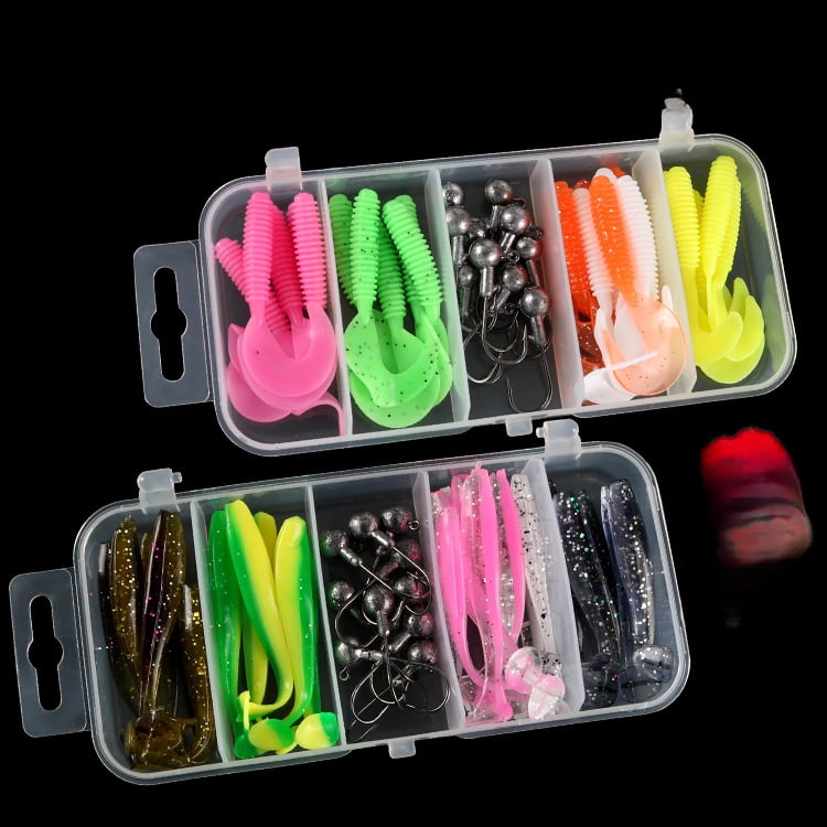Fishing Lures Jigs Boxed Soft Baits for Bass and Perch, Soft Worms with Spiral Tail, Imitation Bait, Jig Head Hooks