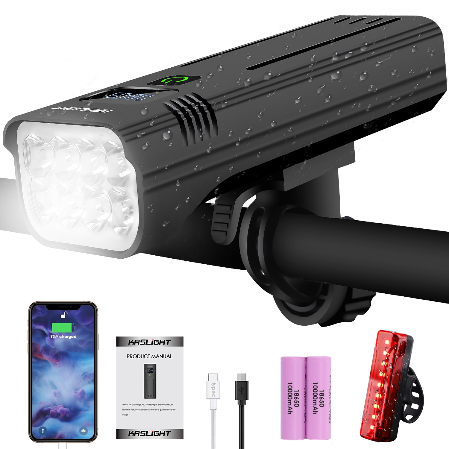 KASLIGHT Powerful USB Rechargeable Bike Light, Bright 8 LED 10000mAh Bike Lights Front and Back