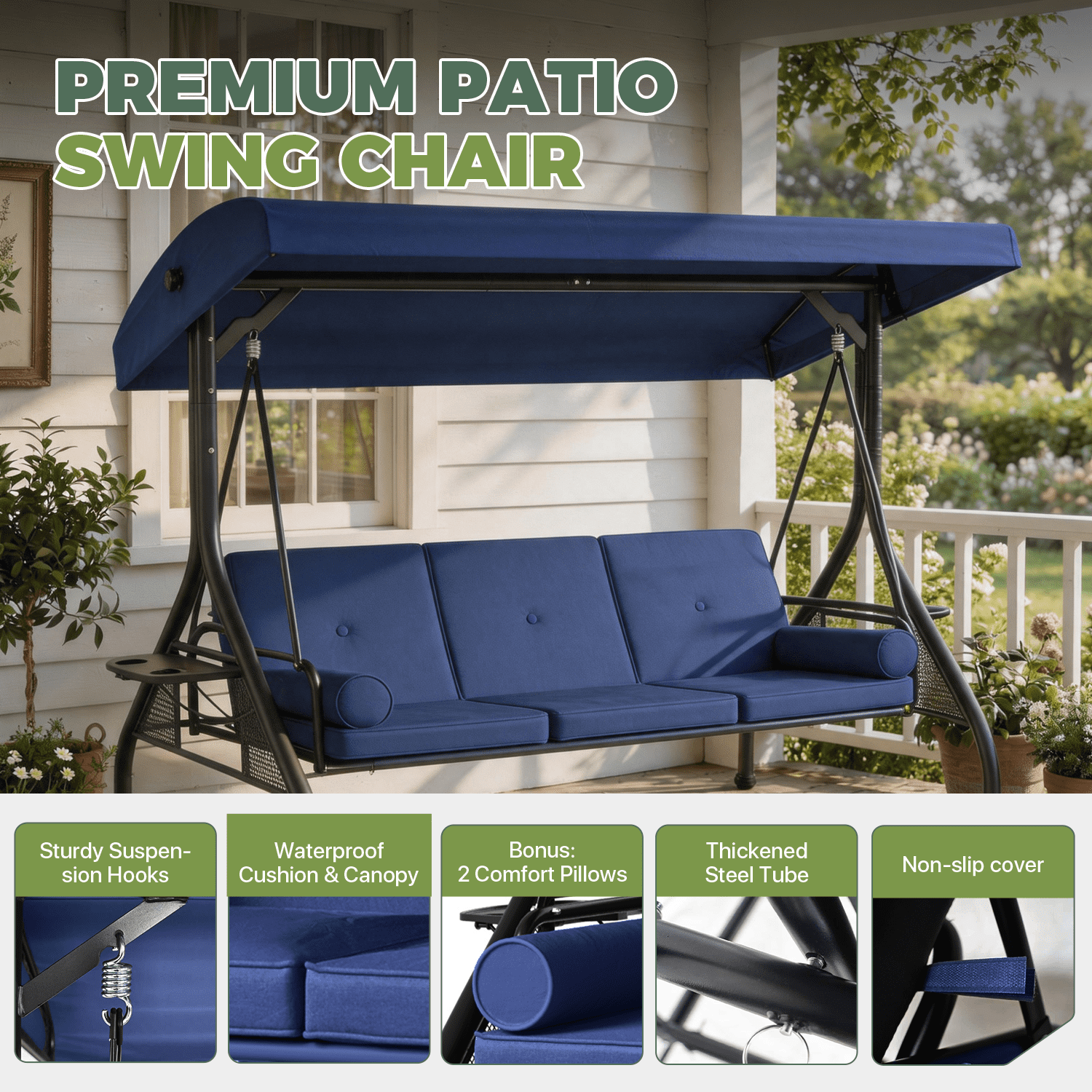 BaPiPro 3-Seat Metal Patio Swing with Adjustable Canopy, Cushions, Foldable Side Table, 2-in-1 Design for Patio, Garden, Porch, Blue