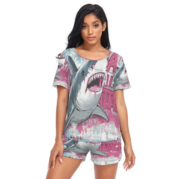 Women Pajama Sets Short Sleeve Sweatshirts Shark Pattern Casual Tops and Shorts
