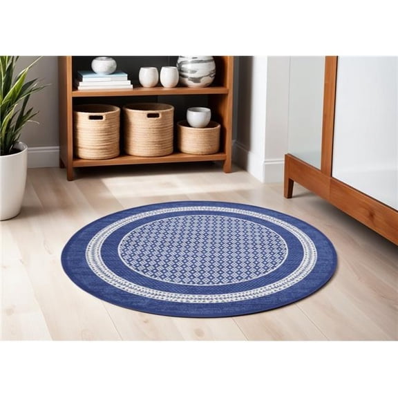 HomeRoots 552423 5 ft. Geometric Distressed Round Rug, Ivory & Navy Blue