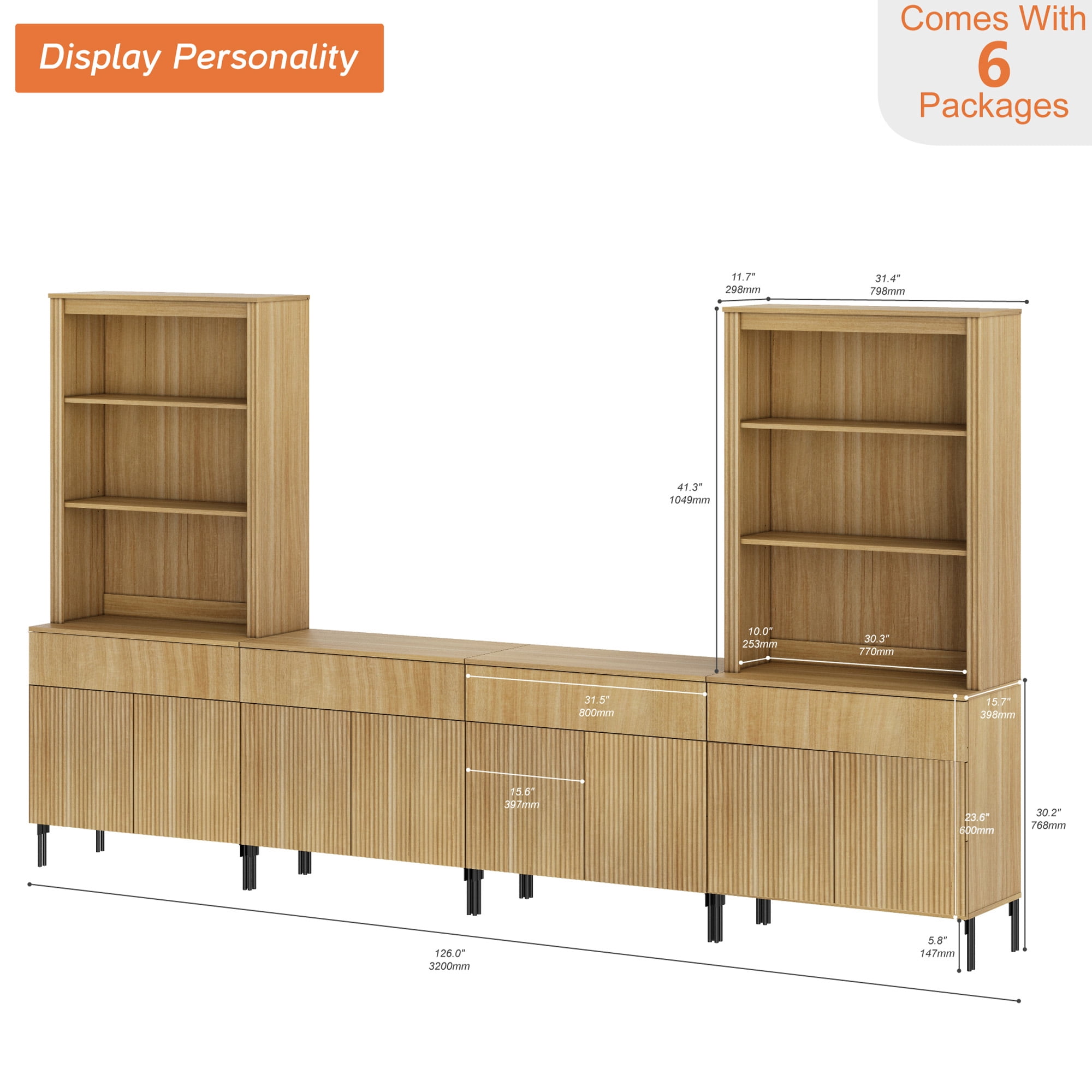 71.6"H X 126"W Set Of 4 Bookcase with Storage Cabinets, 14 Tier Bookshelf with Fluted Doors and Drawers, Large Modern Display Cabinet For Living Room Bedroom Home Office Kitchen
