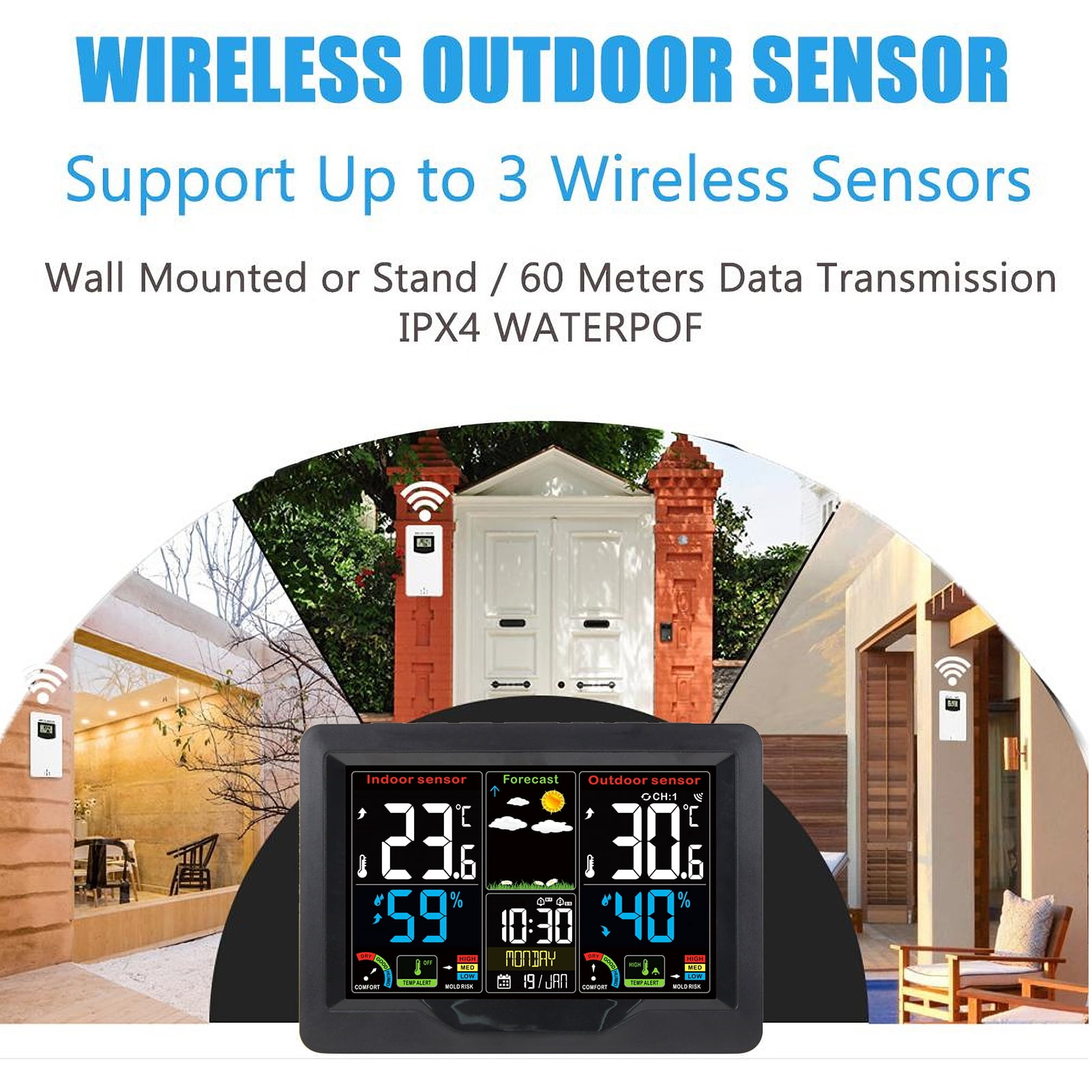 Wireless Weather Forecast Station Clock RF Indoor Outdoor Color