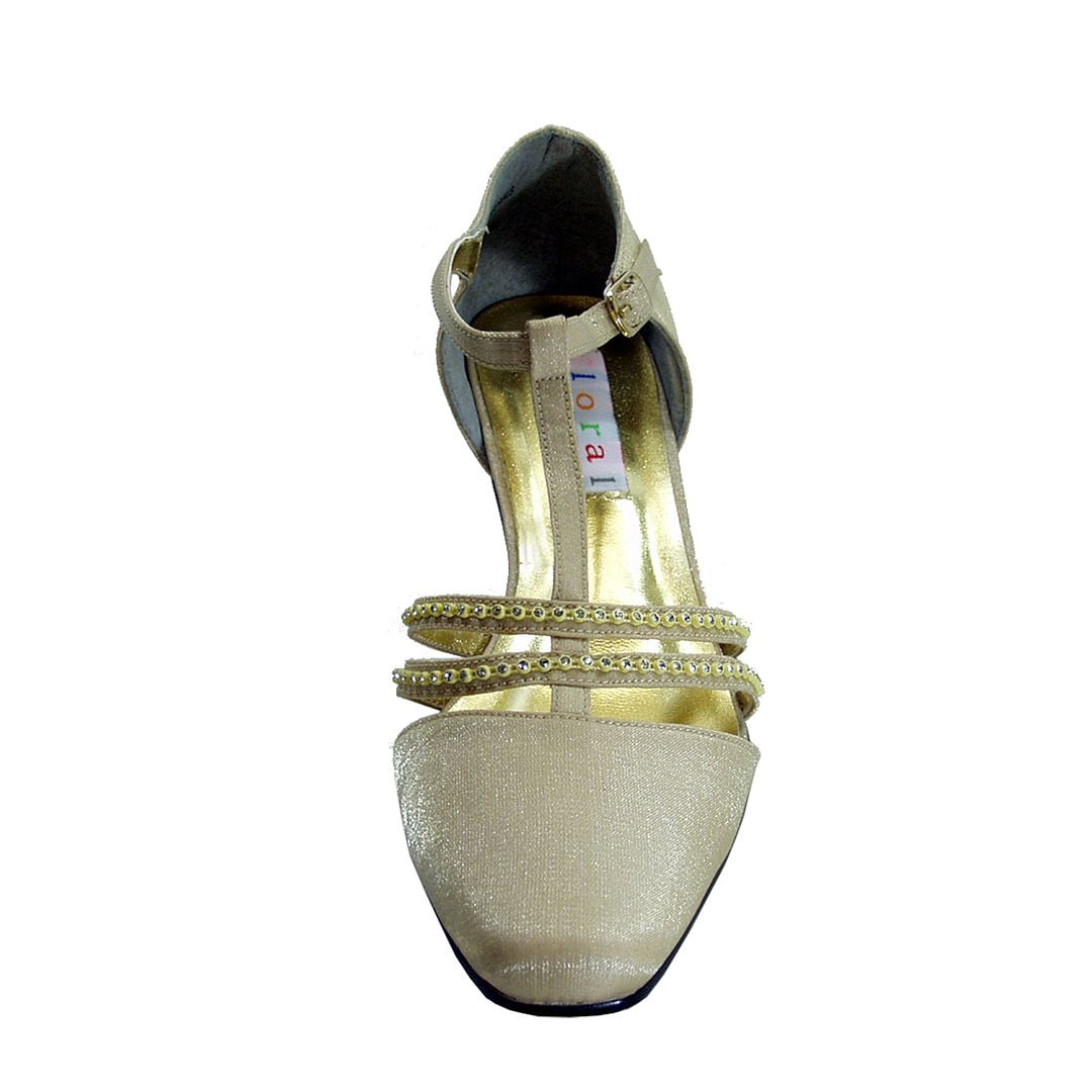 FLORAL Amina Women's Wide Width T-Strap Pumps With Rhinestones GOLD 7.5