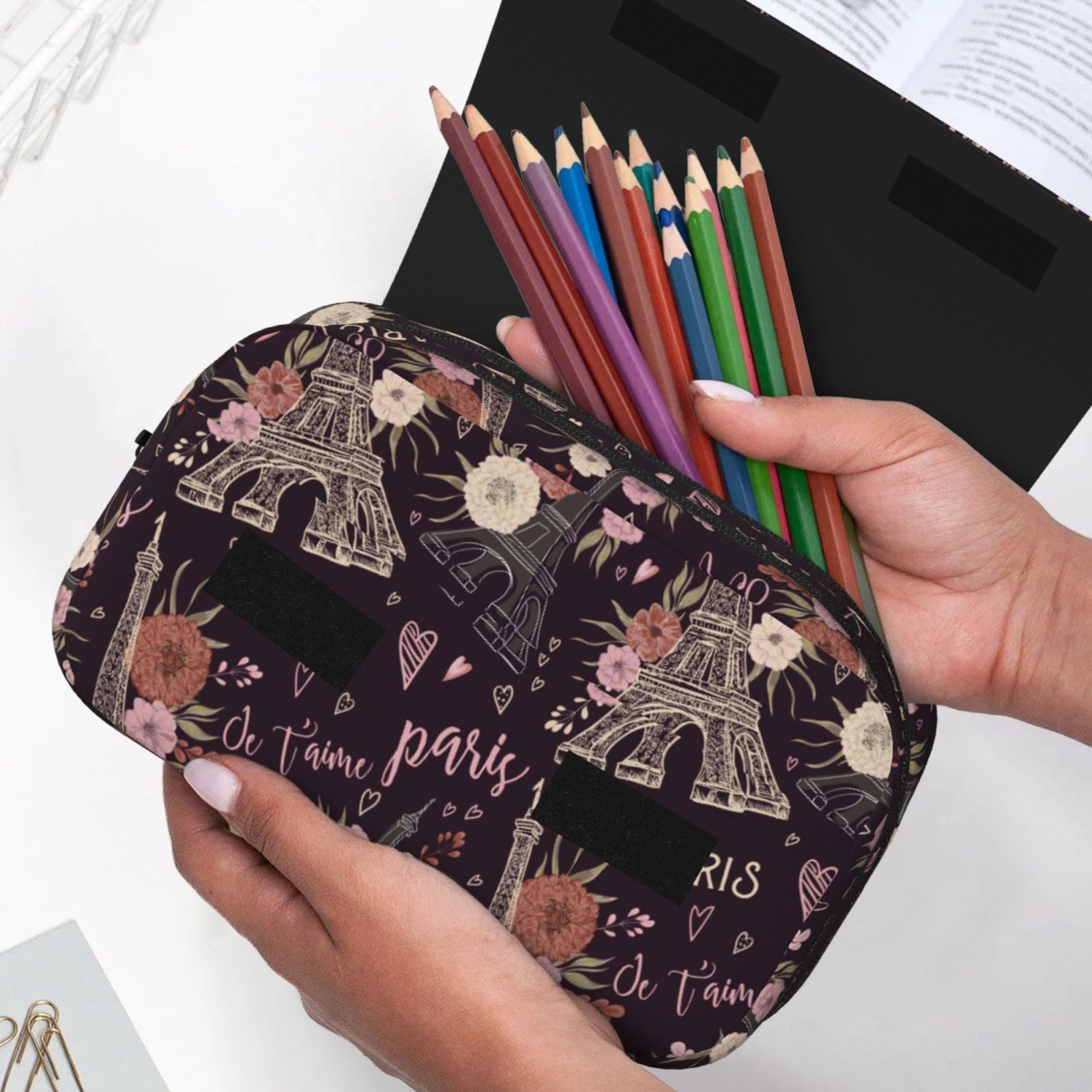 Rateoe Romantic Paris Pattern Double Clamshell Pen Case, Storage Organizer with Two Zipper Compartments– Holds Up to 50 Pencils & Pens