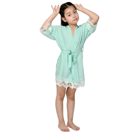 

Mr & Mrs Right Child Cotton Kimono Robes Flower Girl Bathrobes with Lace Trim-Mint Age 4