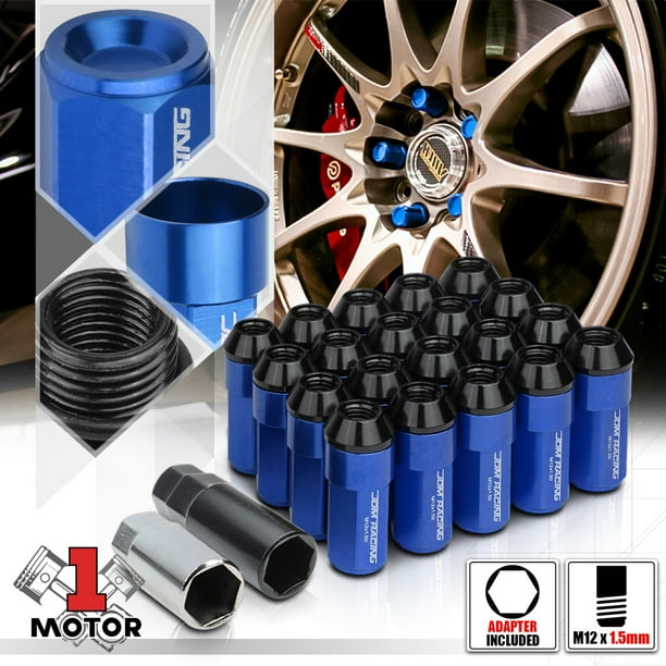 (20) Black M12x1.5 Extended Tuner Wheel Lug Nut w/53mm Blue Aluminum