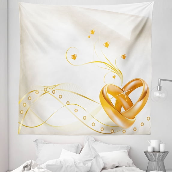 Wedding Tapestry, Wedding Rings Entangled in Shape of Heart 3D Style Romantic Design Art Print, Fabric Wall Hanging Decor for Bedroom Living Room Dorm, 5 Sizes, Marigold White, by Ambesonne