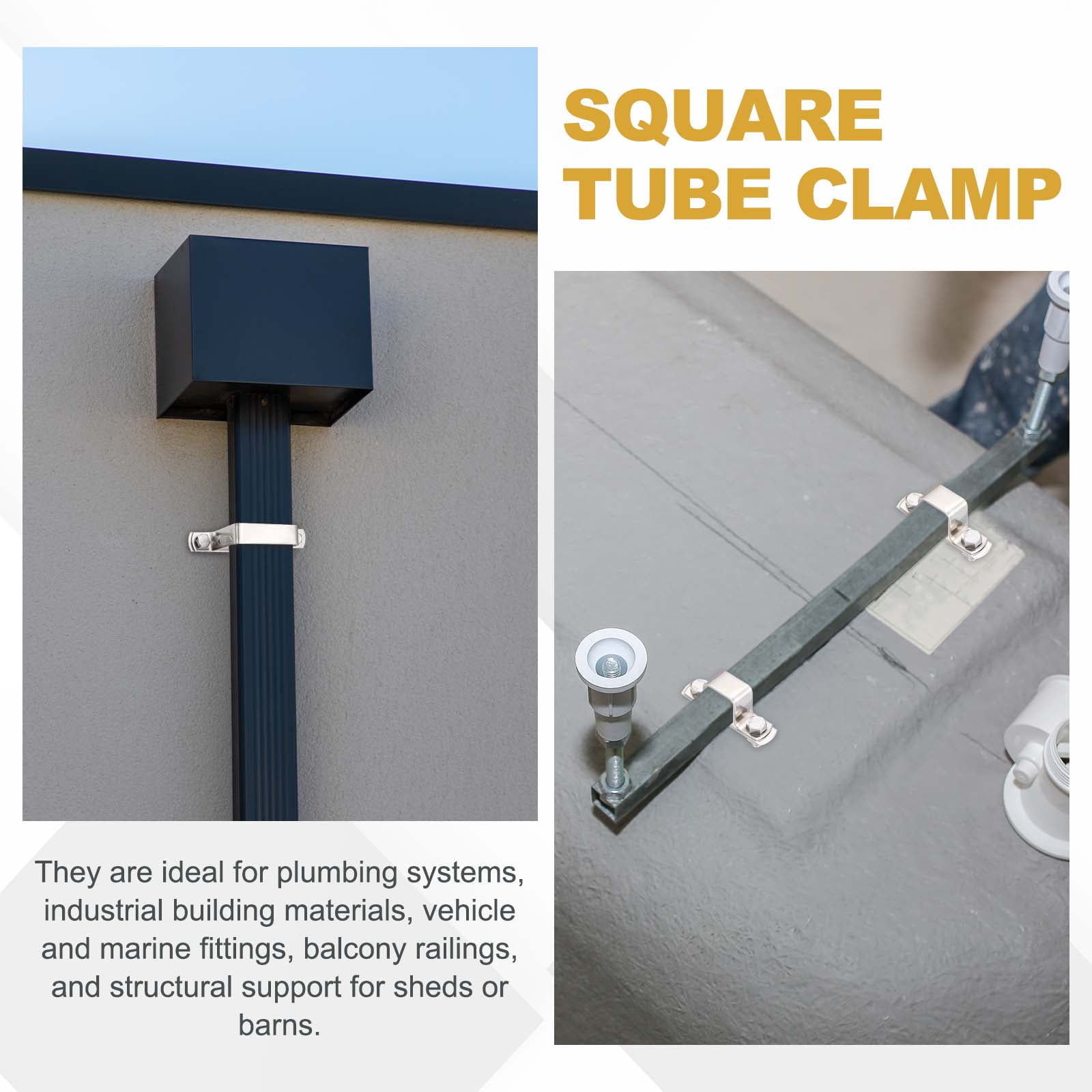 Uxcell 2Pcs U Shape Square Tube Clamp, 120x120mm U Shaped Bracket 304 Stainless Steel Square Strap Clamp with Bolt Plate Nuts and Wrench for Pipes Door Closed Bar Holder Railings