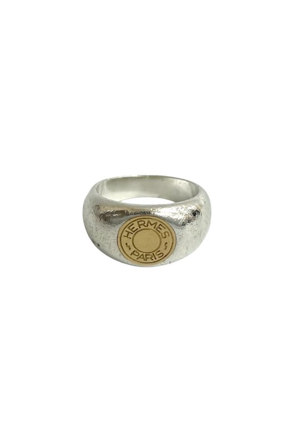 Pre-Owned HERMES Hermes Sellier Ring, engraved, 925 sterling silver, 18K gold, size 12,...