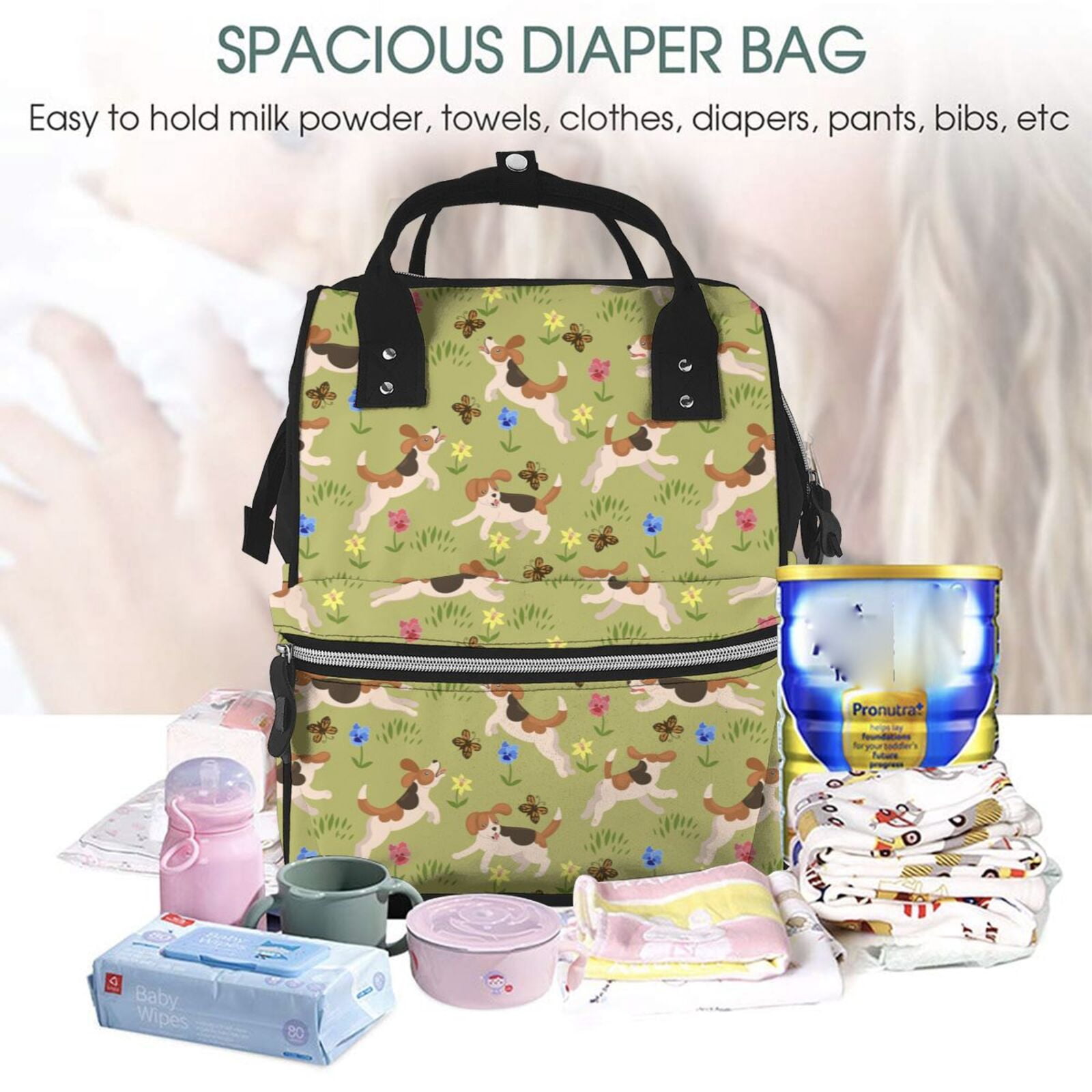 Ratiio Running Beagle Mummy Backpack - Waterproof Twill Canvas, Large Capacity Diaper Bag with Multiple Pockets and Adjustable Straps
