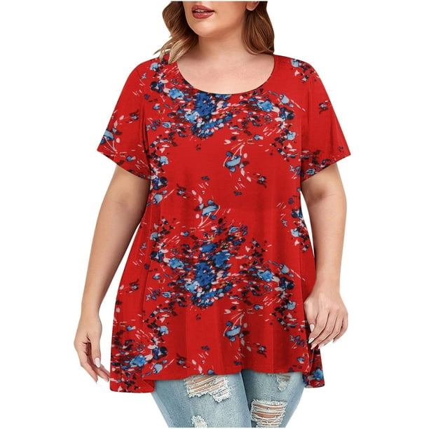 Mchoice Womens 2023 Casual Plus Size Tops Summer Flower Print Short Sleeve Crewneck Shirts Loose