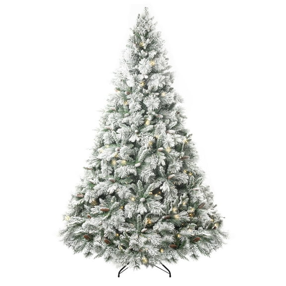 6.5ft Snow Flocked Christmas Tree with Lights, Pine Christmas Tree Prelit with Pine Cones, Foot Pedal 1040 Branch Tips, 650 Warm Lights and Metal Stand by Homestock