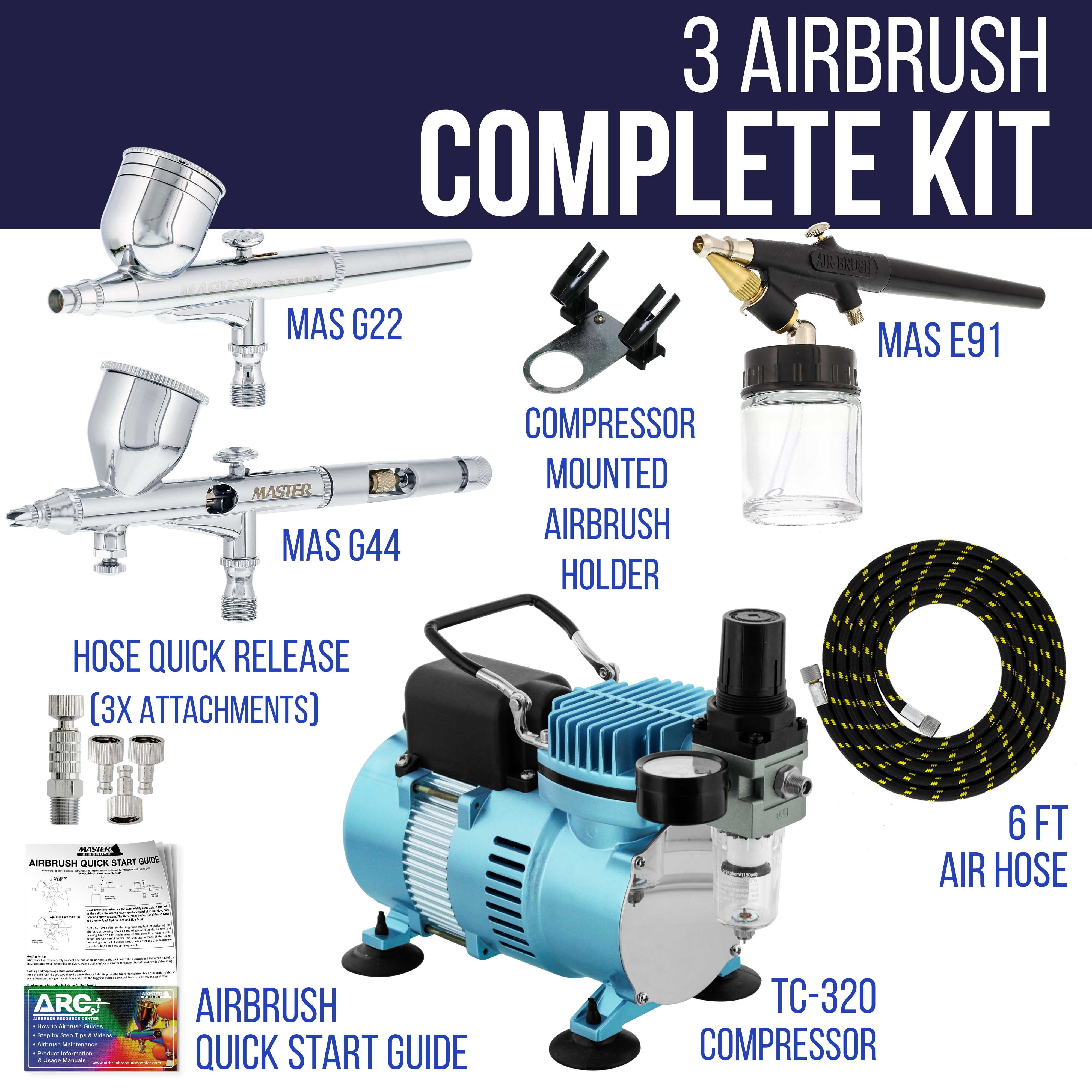 Master Airbrush Cool Runner II Dual Fan Air Compressor Professional Fine Detail Control System Kit with 3 Airbrushes, 0.2, 0.3mm Gravity and Siphon Feed - Hose Quick Release Set, Holder, How-To Guide