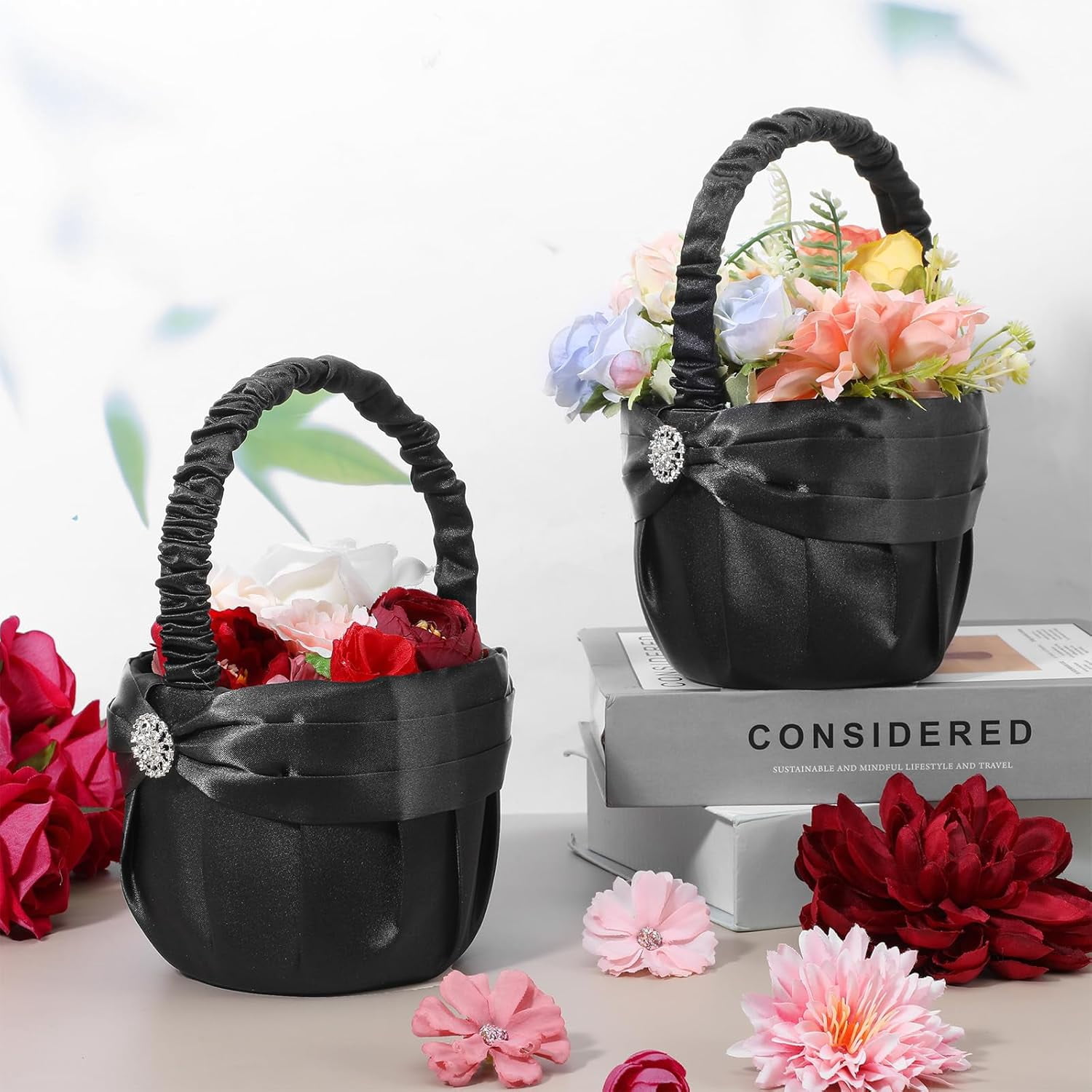 Wedding Black Flower Basket Gothic Flower Basket for Wedding Ceremony Satin Rhinestone with Handle for Petals Confetti Banquet Home Decoration Western Party (Snowflake)