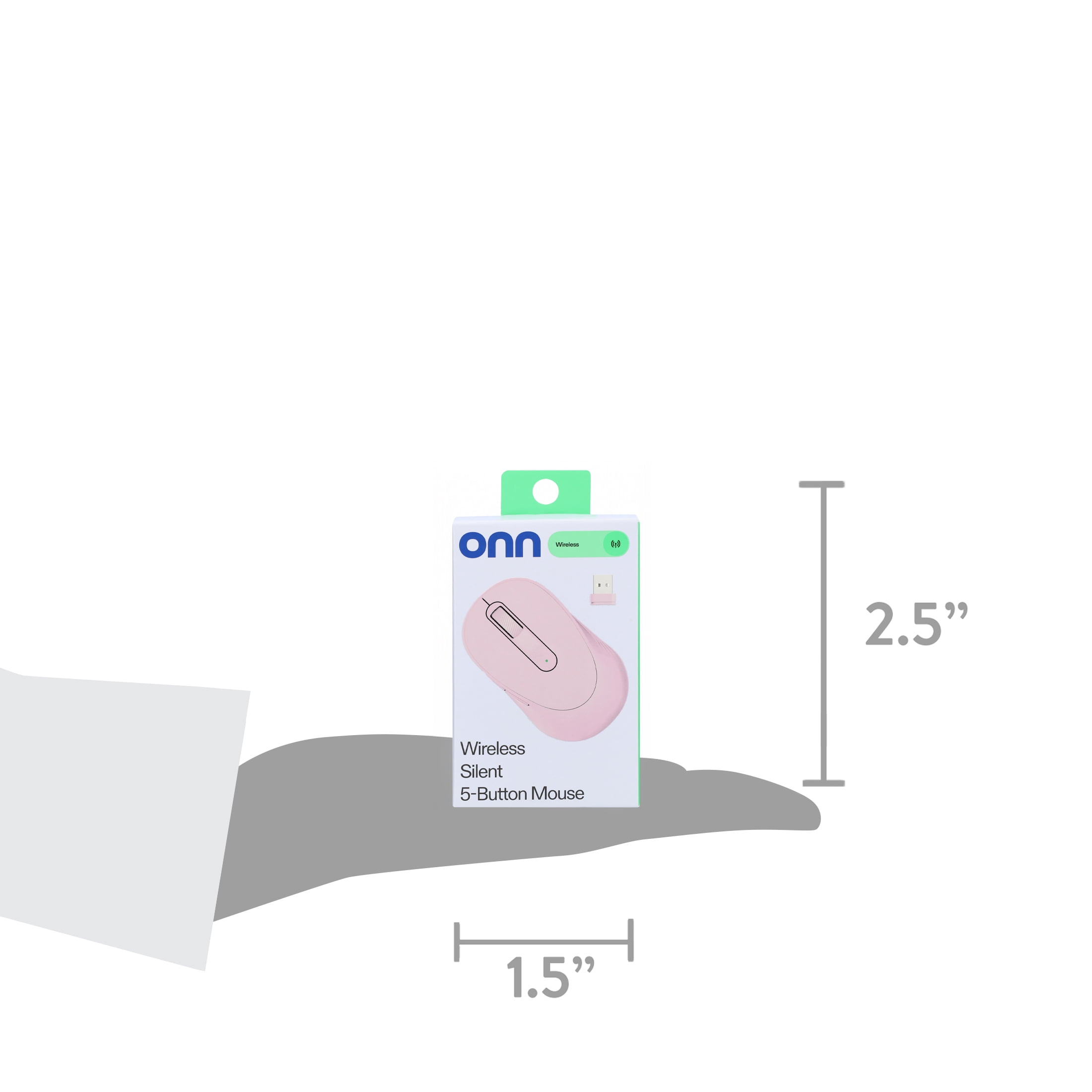 Onn Silent Wireless 5-Button Mouse with 1600 DPI, USB Nano Receiver, Pink