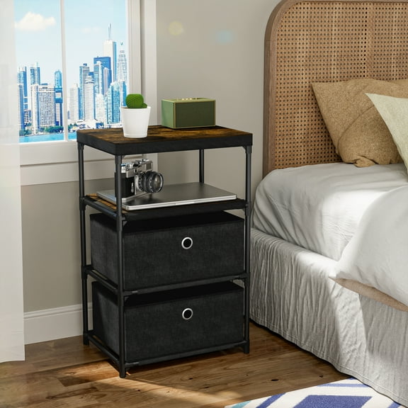 Auledio 4 Tiers Bedside Table with 2 Drawers, End Table with Metal Frame and Fabric Drawers, for Bedroom, Living Room (Black)