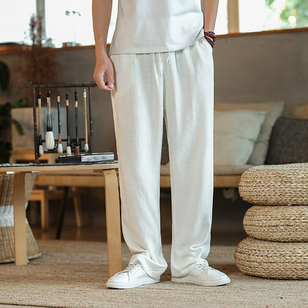 TIANZEN Men s Spring And Summer Linen Casual Pants Solid Color Linen Trousers Elastic Waist Stocking Mens Training Pants with Pockets