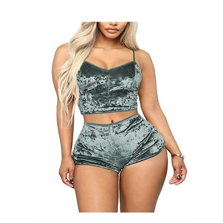 

Gureui 2PCS Women s Velvet Lingerie Set Solid Color Shoulder Straps Adjustable Sling Crop Top + Short Elastic Band Pants Slim Fit Summer Sleepwear Set