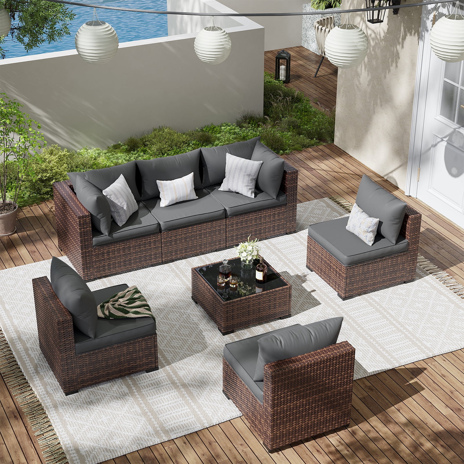 ELPOSUN 7 Pieces Patio Furniture Set All Weather Outdoor Sectional Sofa, Outdoor Modern Sectional Furniture Wicker Couch with Glass Coffee Table, Thicken Gray Cushions, Water Resistant