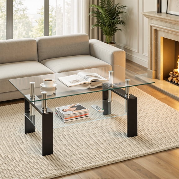 Glass Coffee Table for Living Room, SEGMART Modern Coffee Table with Lower Shelf, Rectangle Center Table with Metal Legs, Glass Table, Sofa Table, Tea Table, Living Room Table