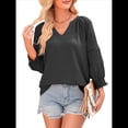 thumbnail image 2 of Blusas de 3/4 para Mujer, Blusas Plisadas Informales de Negocios con Cuello en V, Camisas Holgadas de Oficina Negro L, 2 of 7