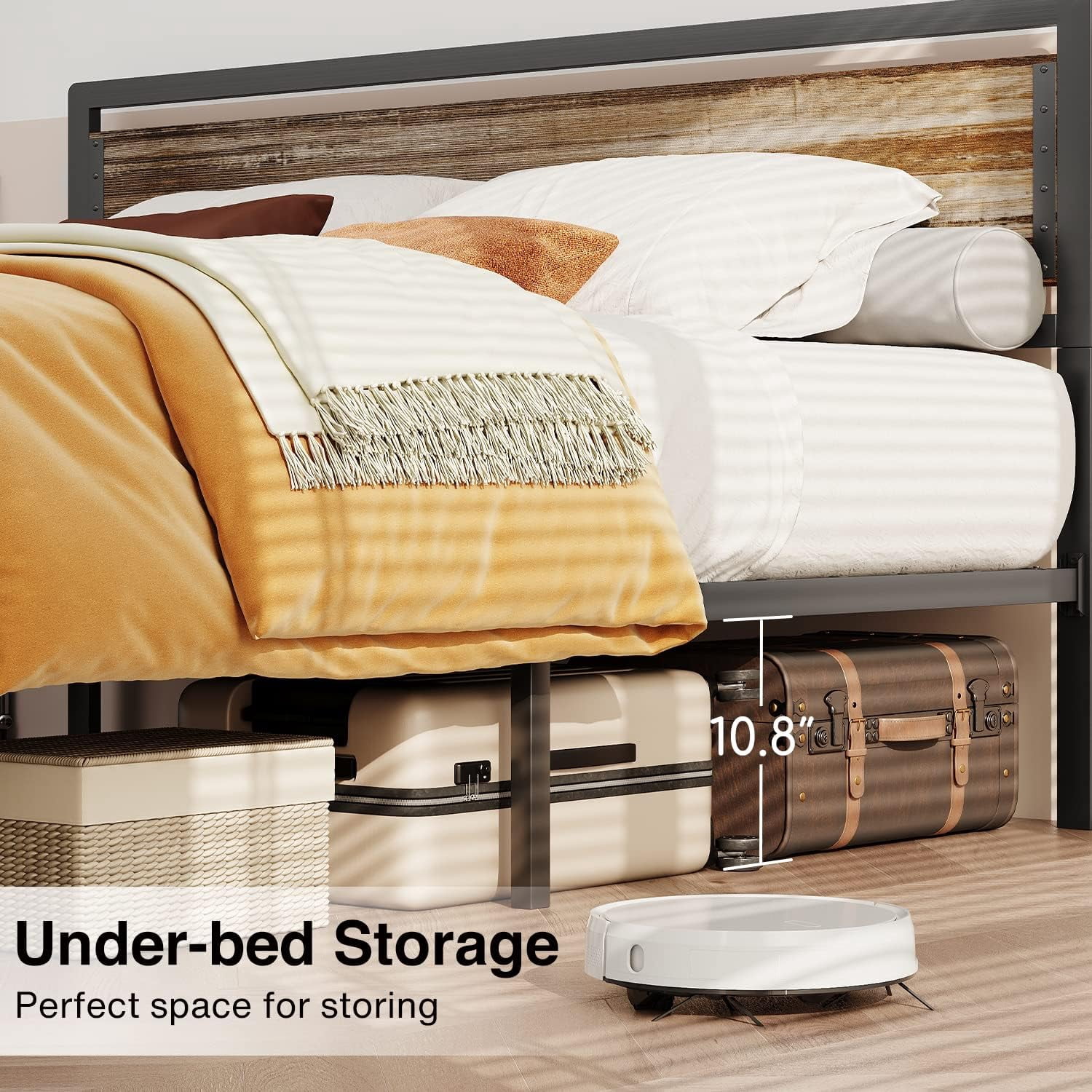 Queen Metal Bed Frame with Wooden Headboard, 15 Heavy Duty Slats, Large Under-Bed Storage, Noise-Free, No Box Spring Needed, Easy Assembly, Retro Rivet Design.