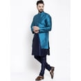 thumbnail image 5 of eloria Men's Indian Traditional Navy Blue Silk Blend Kurta with Churidar Pyjama and jacket Set, 5 of 7