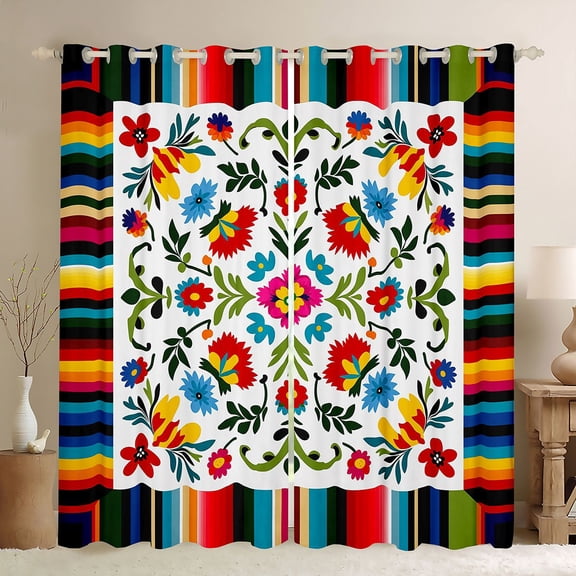 Manfei Bohemian Floral Blackout Curtains, Folk Serape Flower Window Curtains Pack of 2 (38x45 Each), Cream Blue