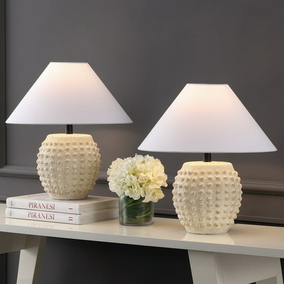 JONATHAN Y Effie 18.25" Minimalist Scandinavian Ceramic/Iron Hobnail LED Table Lamp, Matte Cream (Set of 2), JYL5601B-SET2