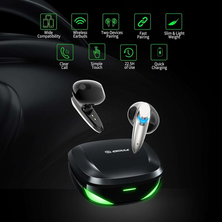 Esoulk Gaming Zero Latency Wireless in Ear Earbuds Noise Cancelling Bluetooth Headphones with Charging Case with Glass Screen Protector for T Mobile