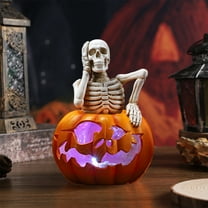 Halloween Pumpkin Skeleton Decor with LED Lamp,6x4in Halloween Animatronic Light up Spooky Skull Pumpkin Ornaments,Halloween Indoor Decorations for Tabletop Desk Home Office(B)