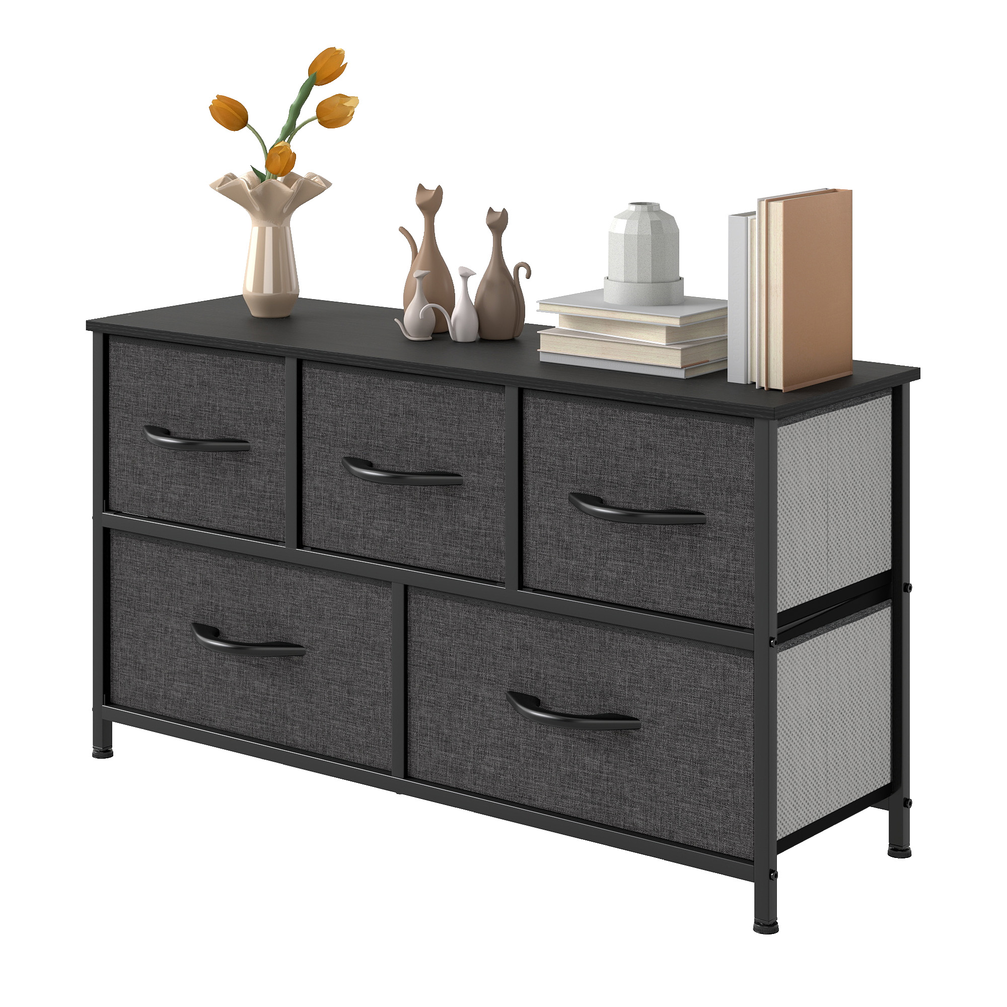 Uforic 5 Drawer Dresser Fabric, Wide Chest Of Drawers With Wood Top for Living Room,,Hallway,Nursery,Black