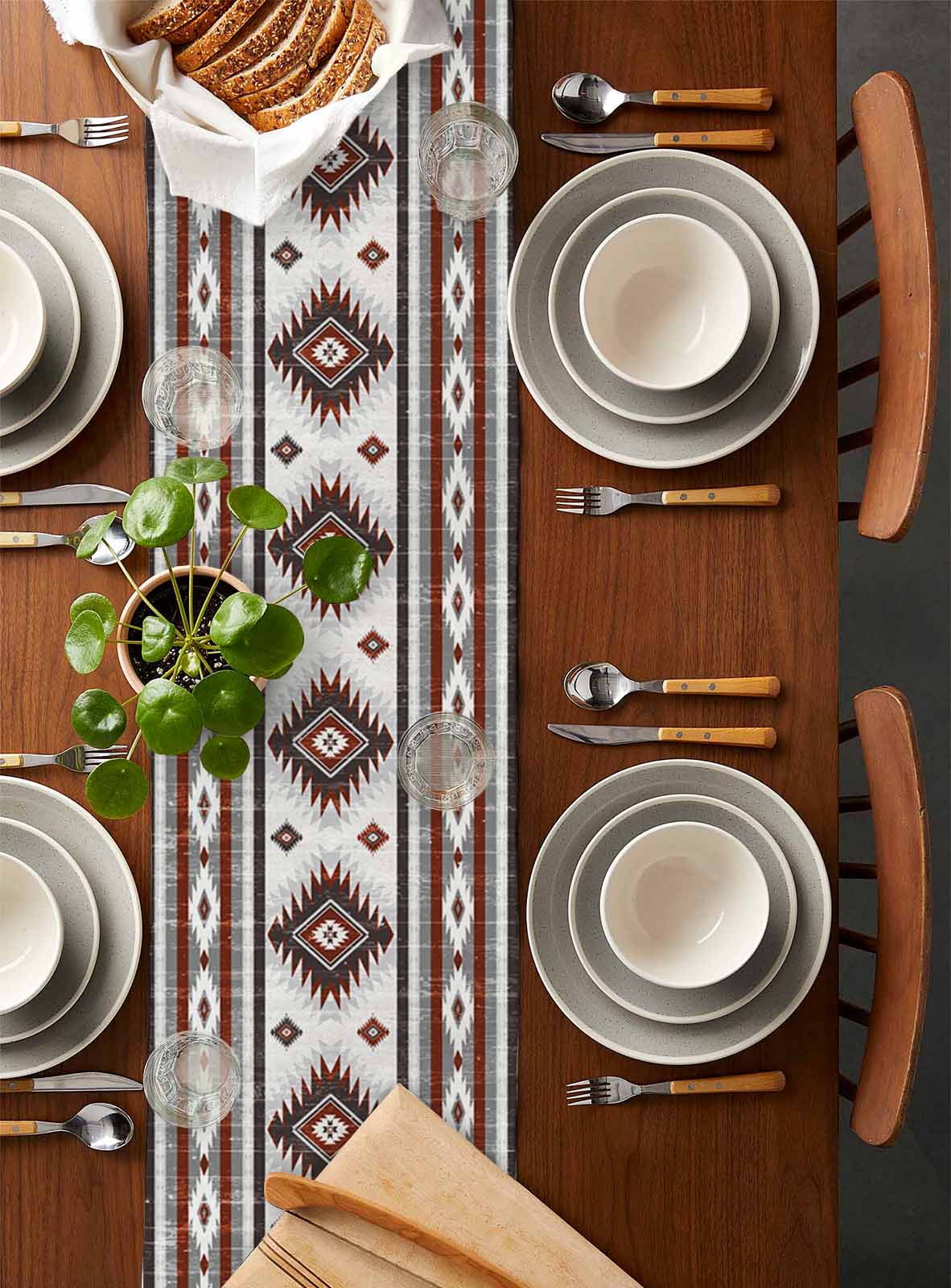Red Grey Burlap Cotton Table Runner 13x90 Inches Long, Southwestern Boho Aztec Ethnic Abstract Print Farmhouse Table Runners, Outdoor Dining Tablecloths Decor for Baby Shower/Party/Wedding