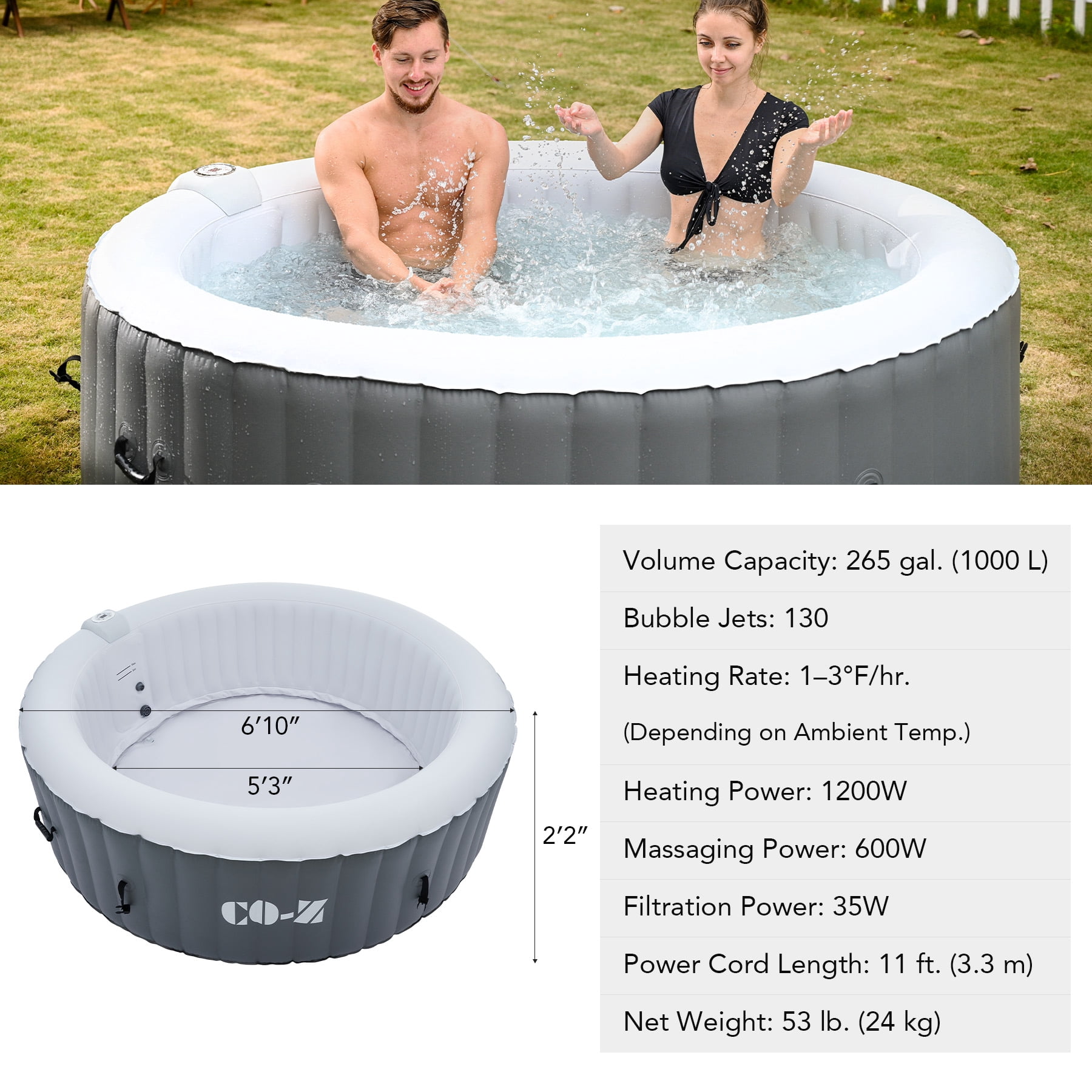 CO-Z 6 Person 7ft Inflatable Hot Tub Pool with Energy Efficient Spa Cover,Massage Jets and All Accessories Gray