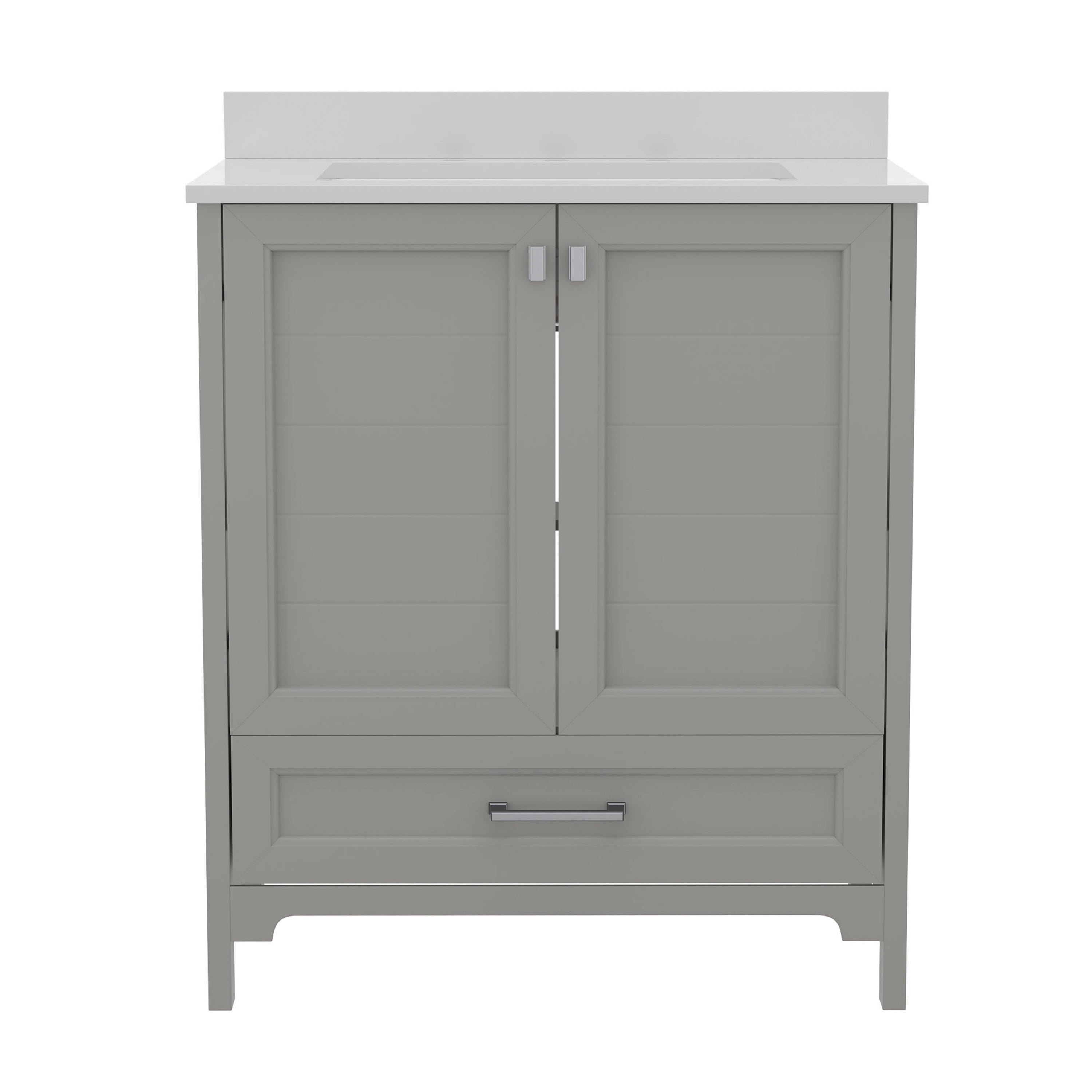 BizChair 30 Inch Bathroom Vanity with Sink, Storage Cabinet with Soft Close Doors and Bottom Drawer, Carrara Marble Finish Countertop, Gray