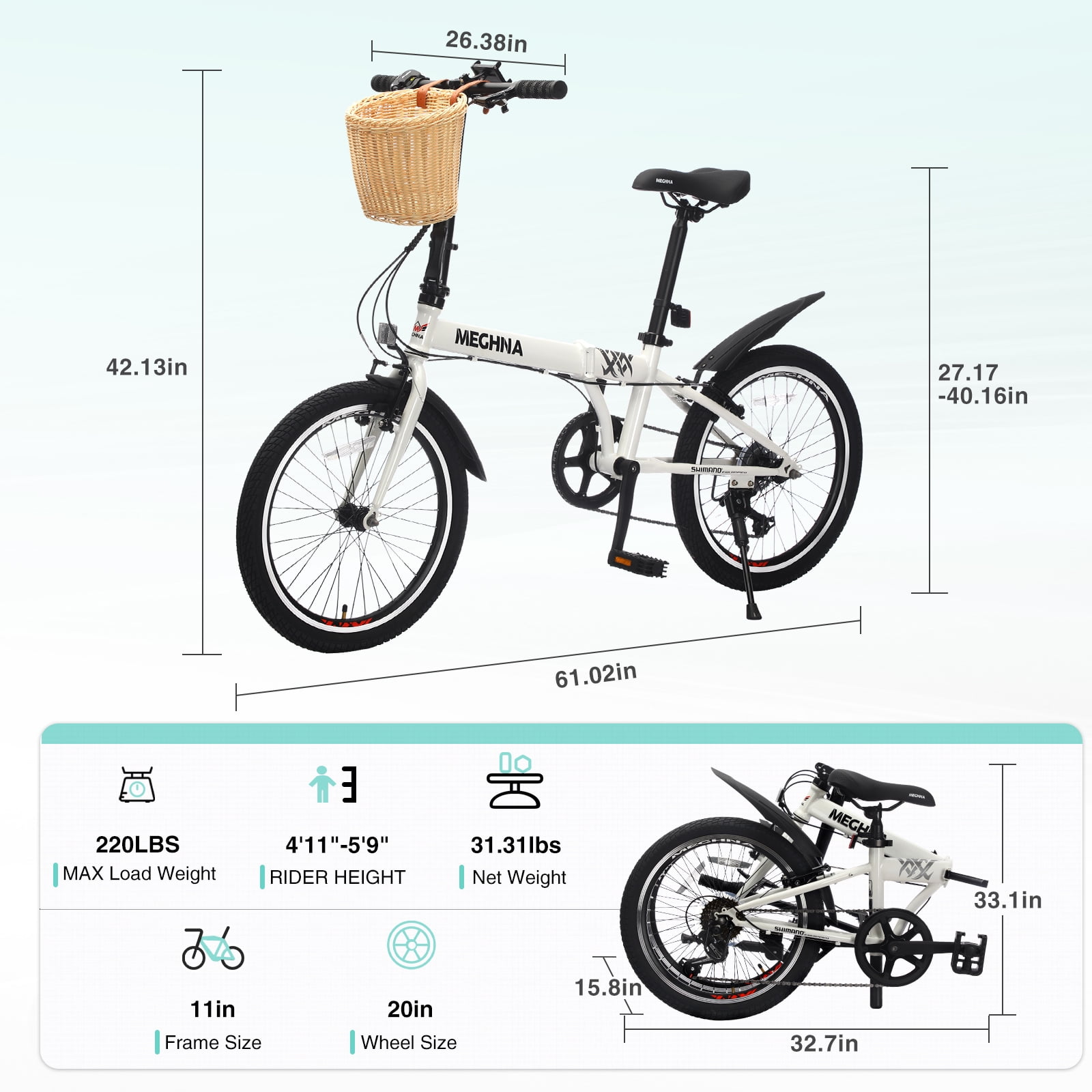 Ambifirner 20 Inch Folding Bike with Basket 6 Speed Foldable Bike with 100% Assembled, Double V Brakes, Phone Holder & Fenders, High-Carbon Steel Frame, Non-Slip tire and Adjustable Saddle
