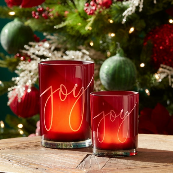 Melrose Joy Glass Christmas Candle Holders - 7" - Red - Set of 2