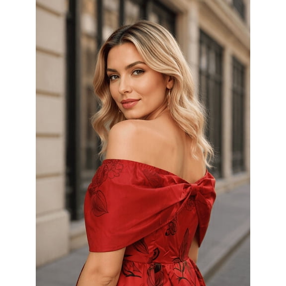 Tbfashion Women's Midi Dress Off Shoulder Short Sleeve High Waist A Line Guest Party Dresses