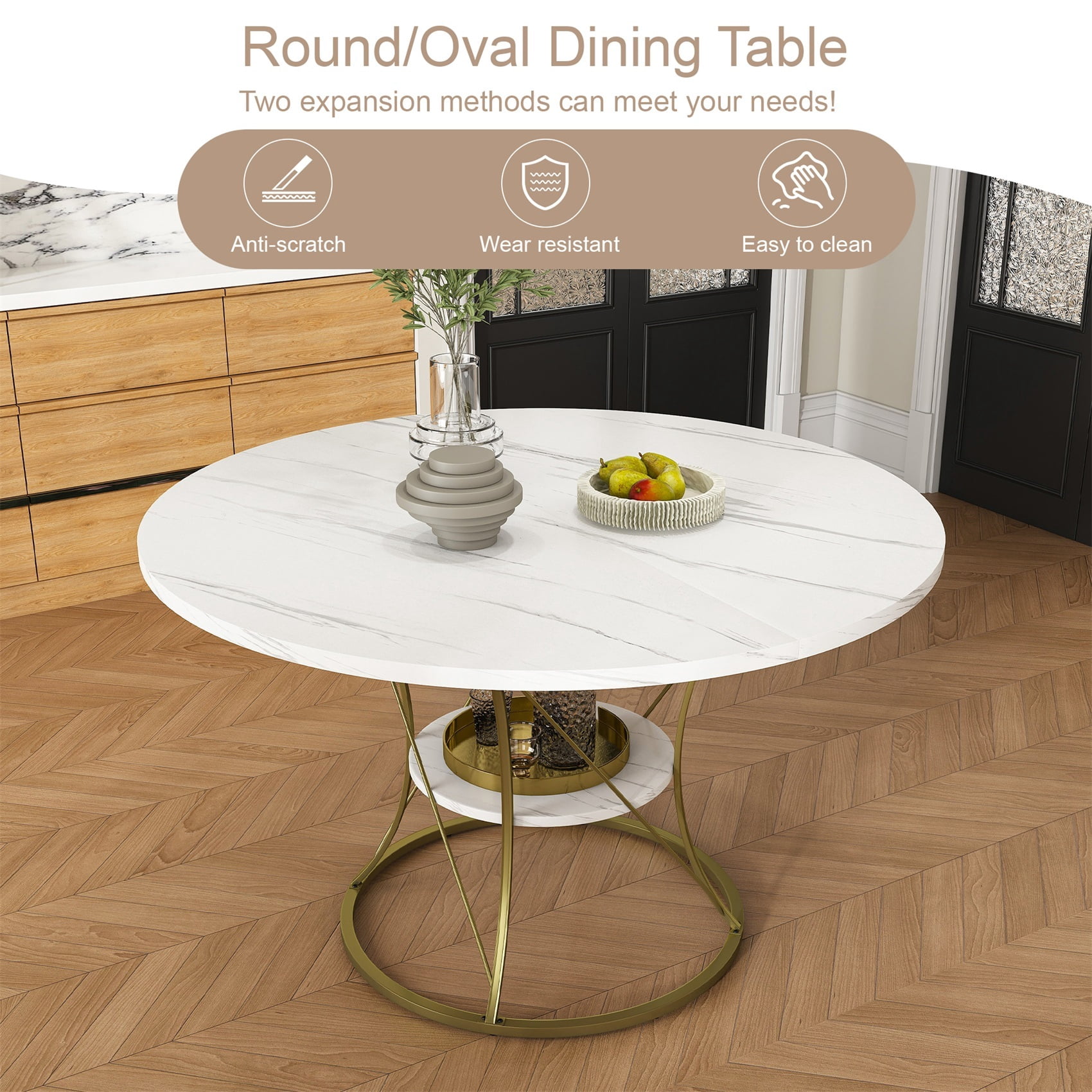 Alvantor Extendable Round Dining Table for 4-6 People, Modern Wood Farmhouse Table with Storage Shelf & Metal Base Perfect for Small Space White