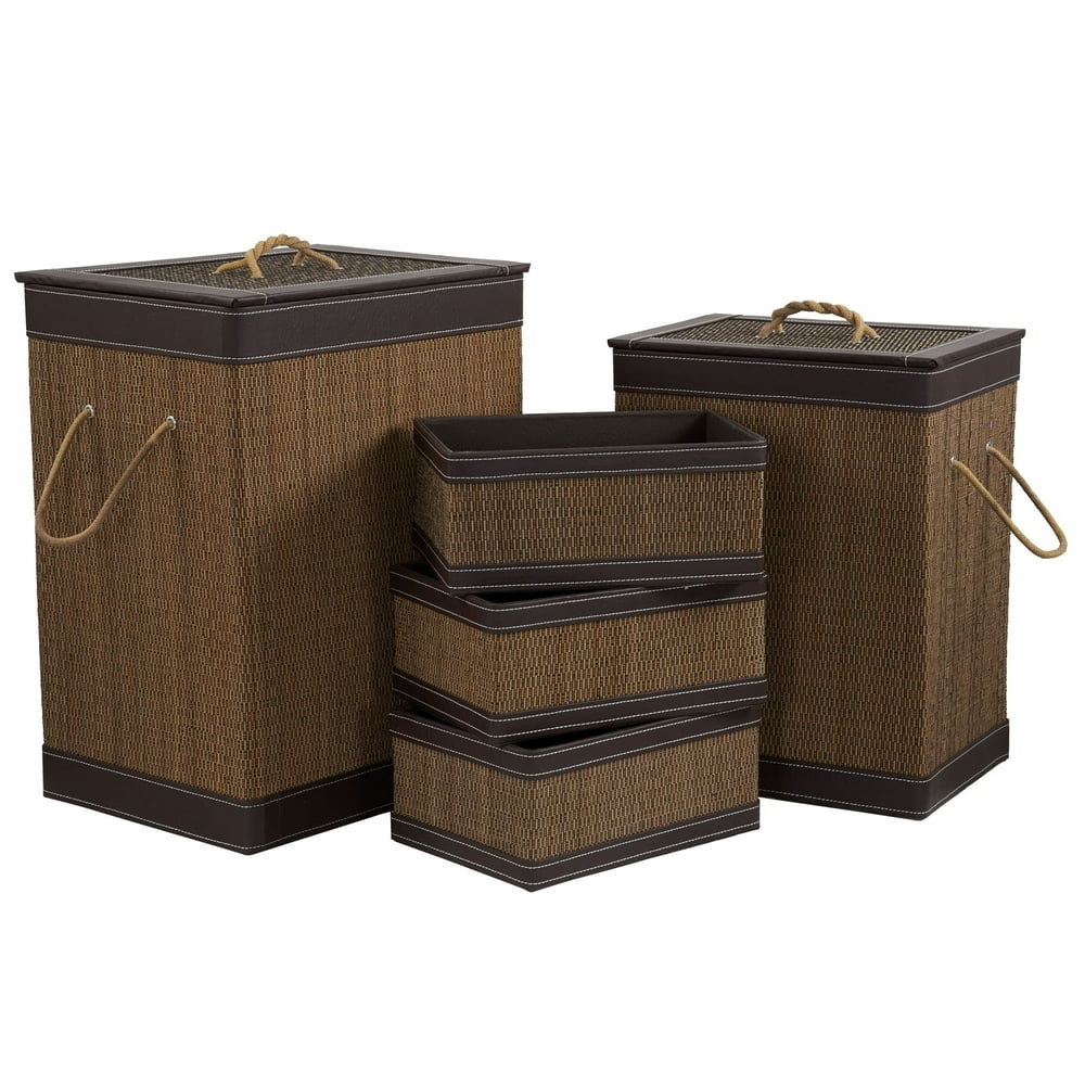 Household Essentials Bamboo and Faux Leather Hamper & Basket Set