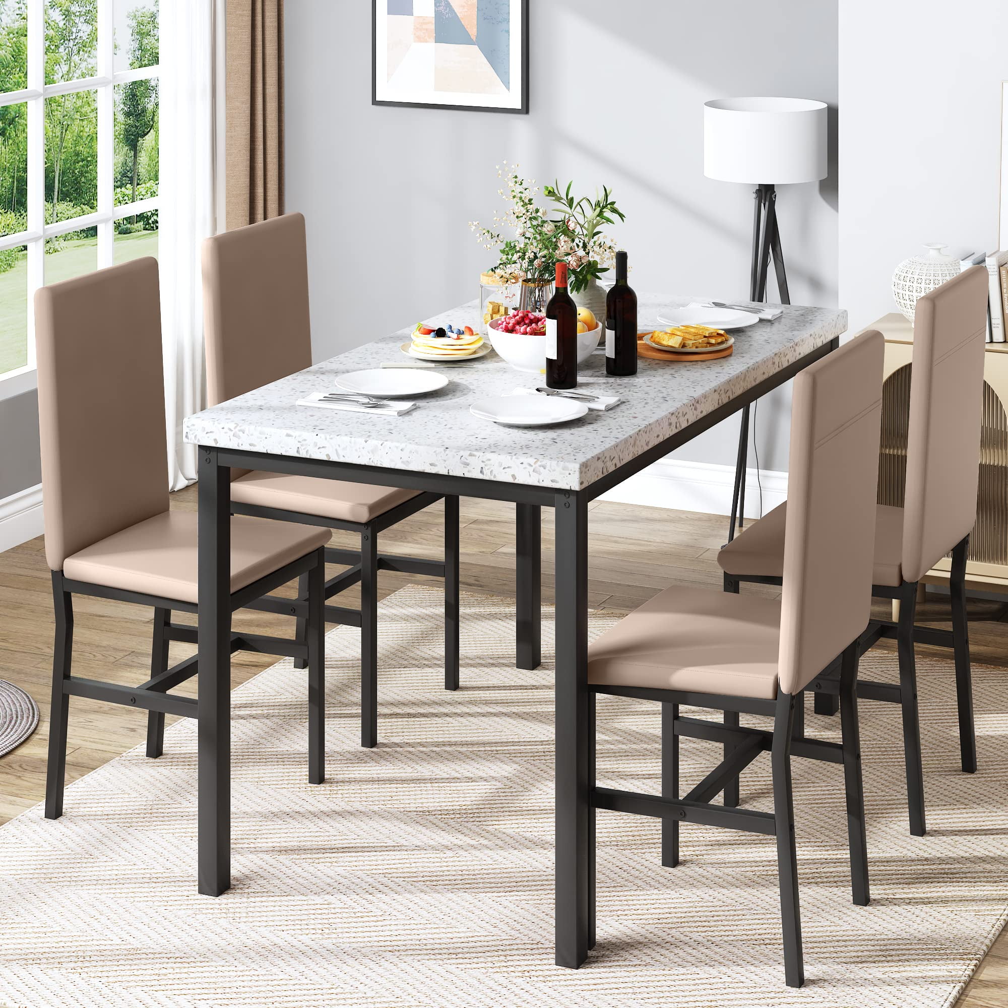 4-Person Dining Set, Modern Marble Dining Set, Includes Four PU Leather Upholstered Chairs, Rectangular Dining Table, Suitable for Apartments, Kitchens, and Dining Rooms.