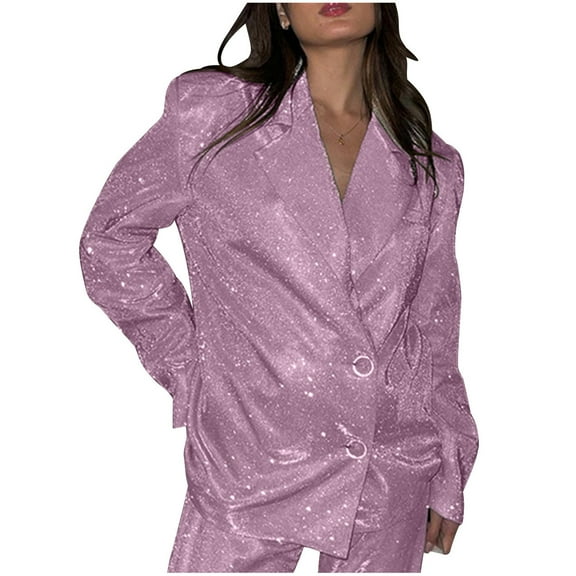 Lovskoo 2024 Women's Shiny Sequin Open Front Blazer Coat Lapel Long Sleeve Sparkly Cardigan Jacket Pink