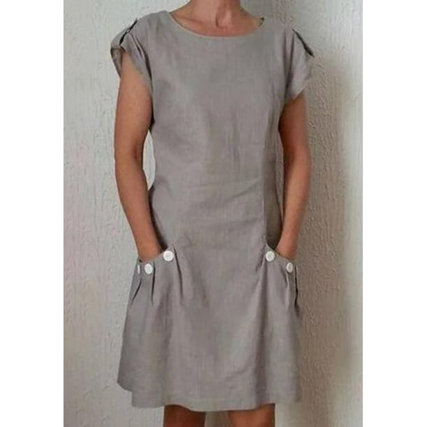Women Retro Short Sleeve Solid Color Pocket Buttons Midi Dress Casual O Neck Cotton Linen Dresses Harajuku Clothing VestidosXXL Gao Jinjia LED