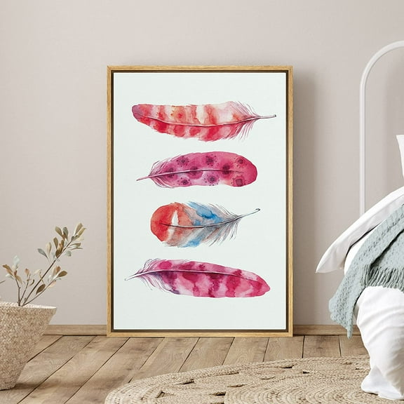 PixonSign Framed Canvas Print Wall Art Pink Dotted and Striped Feathers Animals Wilderness Illustrations Modern Art Rustic Colorful Multicolor Boho Decor for Living Room, Bedroom - 24"x36" Natural